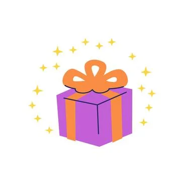 Surprise concept. Gift box with bow surrounded by sparkles. Vector flat ill.. Stock Illustration
