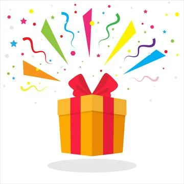 Surprise gift box, Gift box with ribbon bow, confetti explosion. Element de.. Stock Illustration