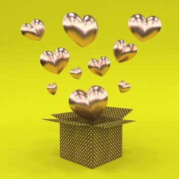 Surprise gift box open balloon heart floating yellow background 3d rendering Stock Illustration