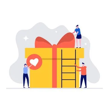 Surprise gift box vector illustration concept with characters. People packi.. Stock Illustration