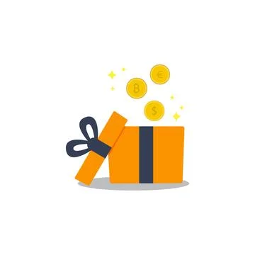Surprise open gift box with coins vector illustration Stock Illustration