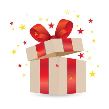 Surprise open gift box with red ribbon bow. Element design for giveaway, su.. Illustrazione stock