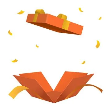 Surprise open orange gift box isolated with gold ribbon 3d style Stock Illustration