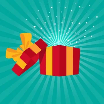 Surprise open red gift box with sunburst background, birthday celebration, .. Illustrazione stock