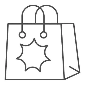 Surprise package thin line icon. Holiday shopping bag with star and handle Illustration