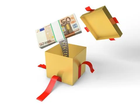 Surprise. The stack of money jumps out of a gift box on a spring Stock Illustration
