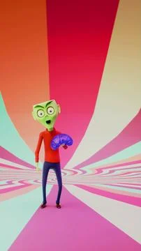 Surprised 3D Alien Character Holding a Purple Brain on Colorful Radiant Str.. Stock Illustration
