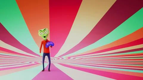 Surprised 3D Alien Character Holding a Purple Brain on Colorful Radiant Str.. Stock Illustration