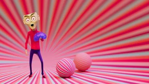 Surprised 3D Alien Character Holding a Purple Brain on Colorful Radiant Str.. Stock Illustration