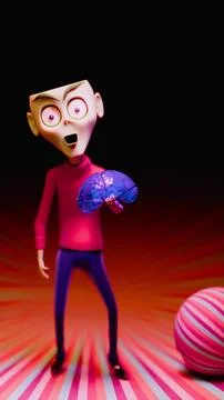 Surprised 3D Alien Holding a Shiny Purple Brain on Vertical Radial Stripe F.. Stock Illustration