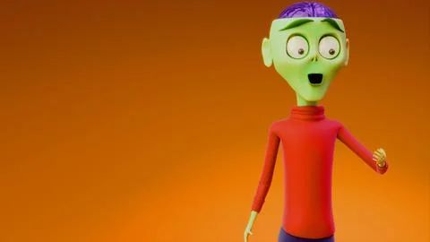 Surprised 3D Cartoon Alien Character Exposing Brain Over Orange Background Stock Illustration