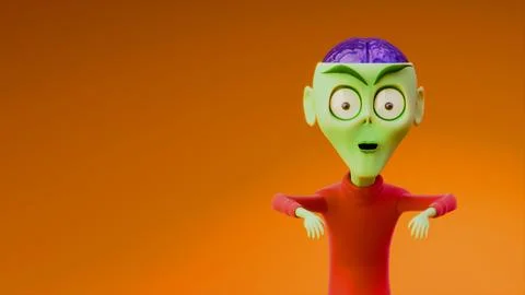 Surprised 3D Vector Alien Character with Exposed Purple Brain and Green Ski.. Stock Illustration