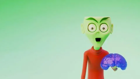 Surprised 3D Vector Alien Holding a Glossy Purple Brain Against Green Gradi.. Stock Illustration