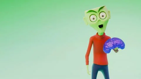 Surprised 3D Vector Alien Holding a Glossy Purple Brain Against Green Gradi.. Stock Illustration