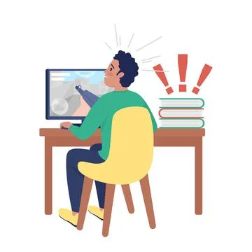 Surprised boy at computer semi flat color vector character Stock Illustration