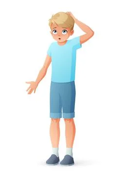 Surprised boy scratching head and shrugging shoulders. Isolated vector Stock Illustration