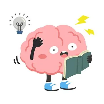 Surprised Brain Character Reading Book with Light Bulb Off Stock Illustration