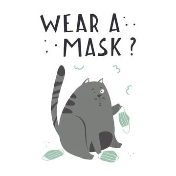 Surprised cat color flat hand drawn vector character. Quote I wear a mask of Stock Illustration