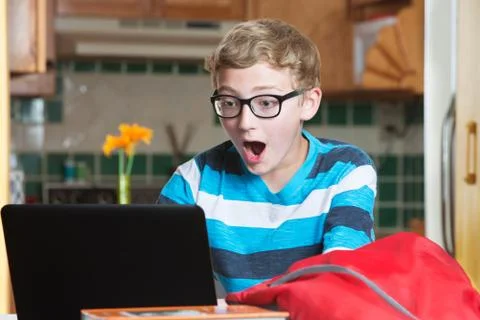 Surprised child using laptop computer Stock Photos