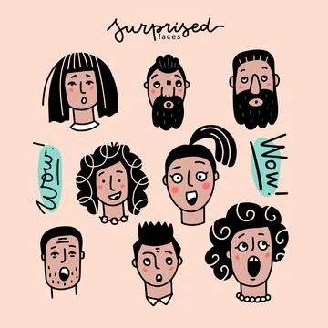 Surprised faces set. Man and woman Head Showing Facial Expression with Raised Stock Illustration