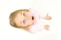 The surprised girl look to the camera. View from above Photo