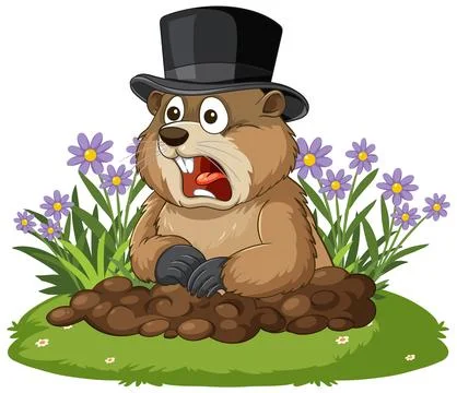 Surprised Groundhog in Top Hat Emerging from Burrow Stock Illustration