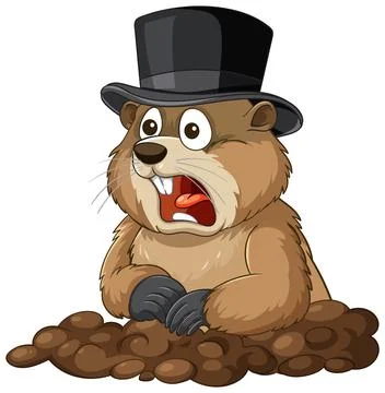 Surprised Groundhog in Top Hat Emerging from Burrow Stock-Illustration