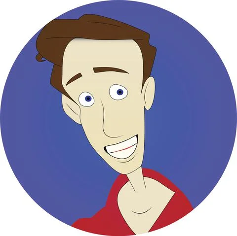 Surprised looking young man in a red shirt portrait profile sticker label Stock Illustration