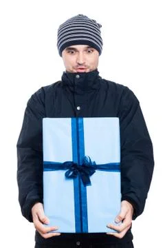 Surprised man with big present Stock Photos