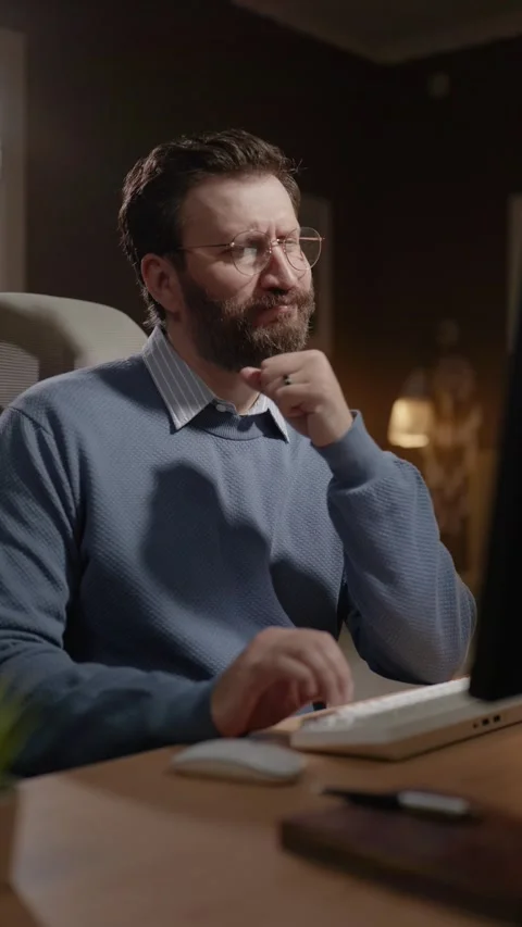 Surprised man at his computer smiles mysteriously at what he sees. Happy Stock-Footage 337643084