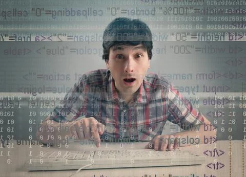 Surprised man with keyboard Illustrazione stock