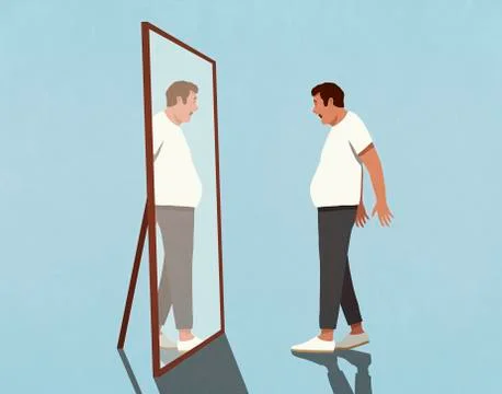 Surprised man looking at reflection of large stomach in mirror Stock Illustration