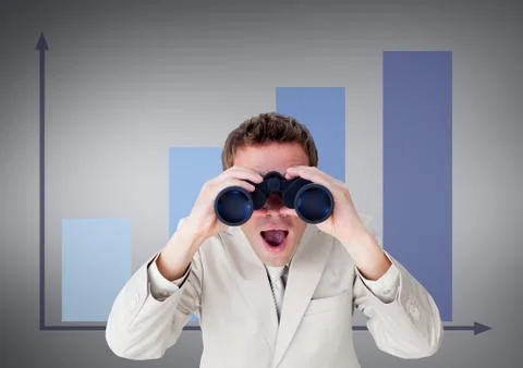 Surprised man looking through binoculars against grey background with Stock Photos