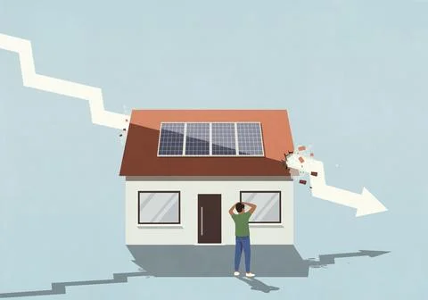 Surprised man watching descending arrow crashing through house with solar panel Stock Illustration