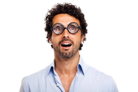 Surprised nerd isolated on white Stock Photos
