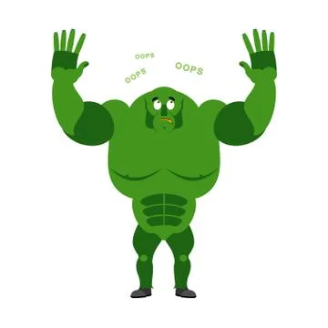 Surprised ogre says OOPS. Perplexed goblin. Struck by Green Monster. With wid Illustrazione stock