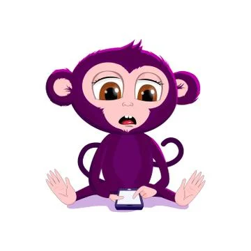 Surprised or confused monkey holding a phone. Cartoon style. Cute animal Stock Illustration
