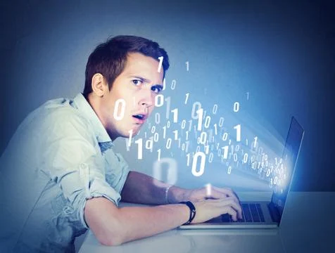 Surprised perplexed man with laptop learning computer science Stock Photos