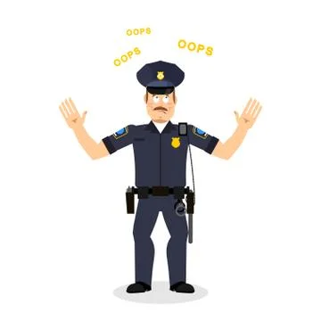 Surprised policeman loquitur oops. Perplexed cop. Police officer in full ammu Stock-Illustration