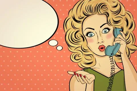 Surprised pop art woman with retro phone, who tells her secrets. Pin