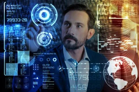 Surprised programmer looking at the screen while analyzing the information Stock-Fotos