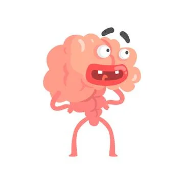 Surprised scared humanized cartoon brain character, intellect human organ vector Stock Illustration