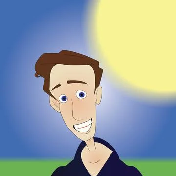 Surprised scared looking man with a sun, sky and grass in the background Stock Illustration