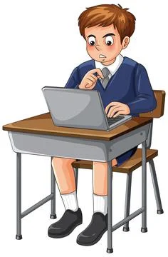 Surprised Schoolboy Using Laptop at Classroom Desk Illustrazione stock