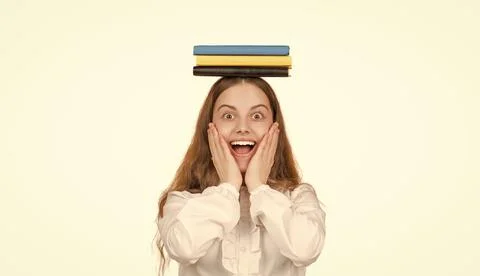 Surprised student get knowledge isolated on white. Girl self study. Back to Photos