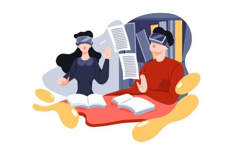 Surprised students with virtual reality headset in classroom Illustrazione stock