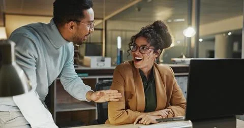 Surprised, team and people with computer in business, online or happy for Stock Photos