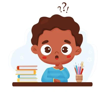Surprised thoughtful black boy at table with books and stationery, pencils. V Illustrazione stock