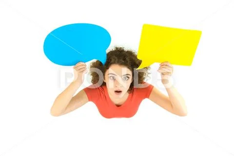 The surprised woman hold the dialog signs. View from above Stock Photos