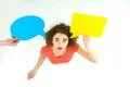The surprised woman stand with the dialog sign. View from above Photo